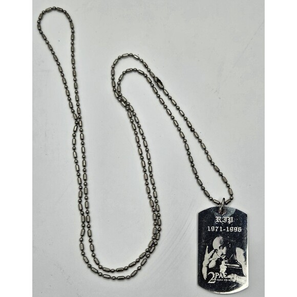 Mens Laser Etched 2 Pac Dog Tag With Long Ball Chain 19” Drop Unique - Picture 1 of 3